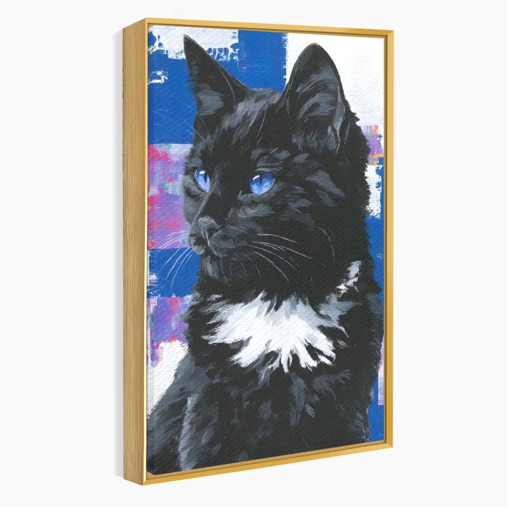 Tablou canvas cu tablou canvas cu pisica neagra, in rama de aluminiu auriu